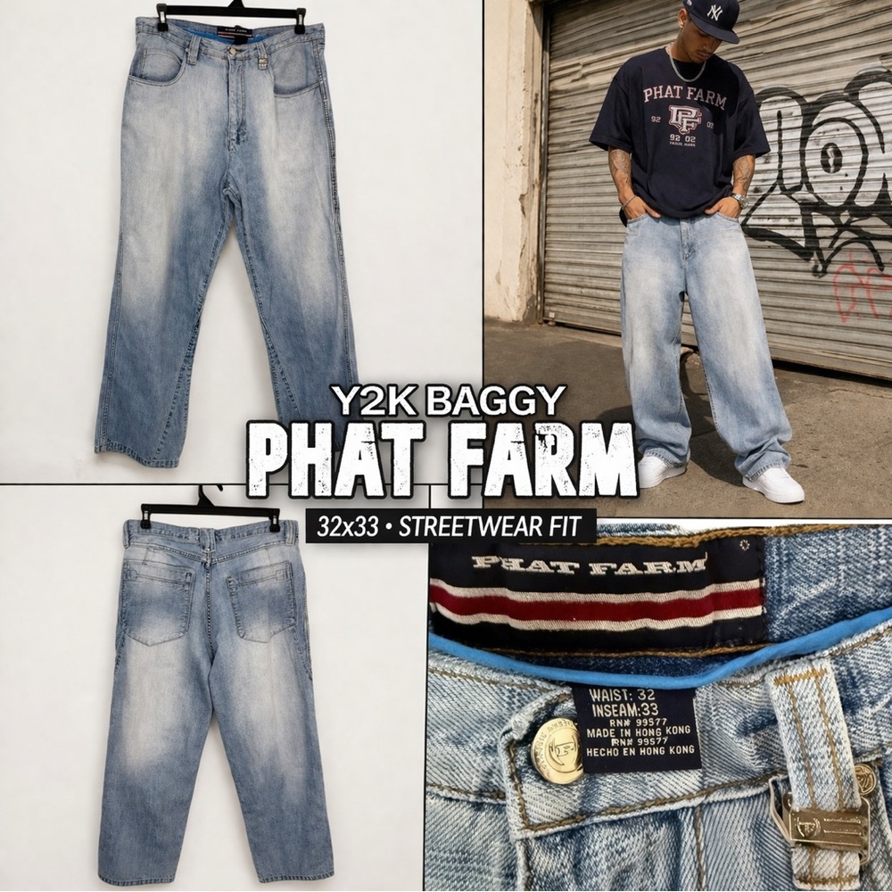 Y2K Phat Farm Baggy Jeans Mens 32x33 Hip Hop Streetwear Light Wash Denim